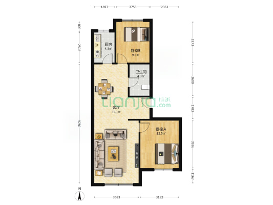北宇红枫庭院 2室1厅1卫 95平方