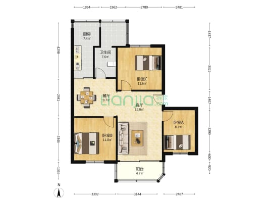 建筑设计院住宅楼 3室2厅1卫 89平方