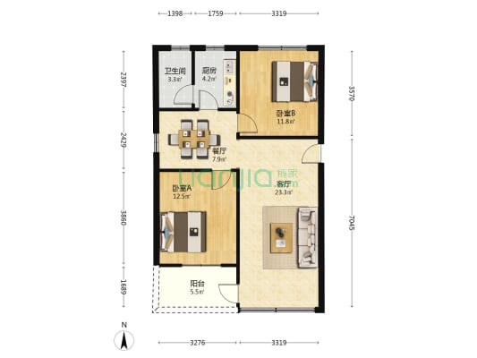 嘉华楼 2室2厅1卫 77平方