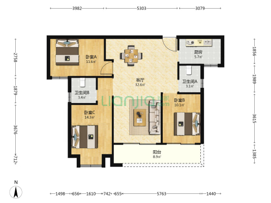 中建铂公馆k1 3室1厅2卫 124平方