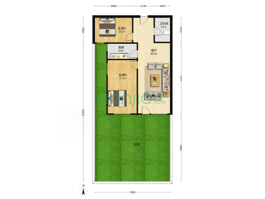 一层带花园 自住精装修 户型方正-户型图