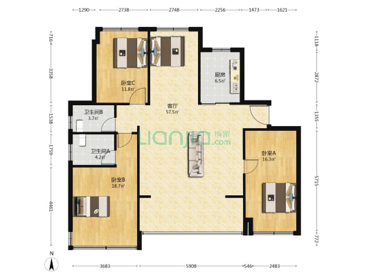 建发朗云 3室1厅2卫 139平方