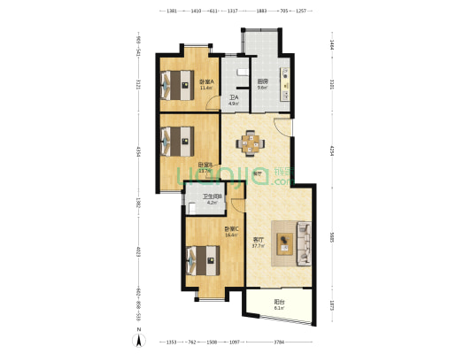 金陵御景园 3室1厅2卫 127平方