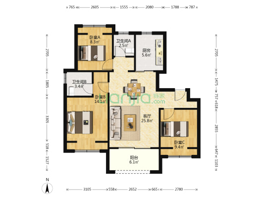 大华朗香公园里 3室1厅2卫 100平方