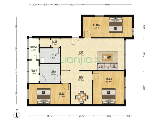 竹苑 3室2厅1卫 137平方
