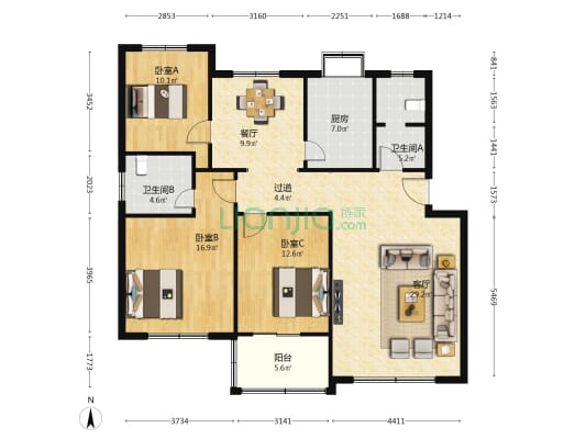 新合四组 3室2厅2卫 125平方