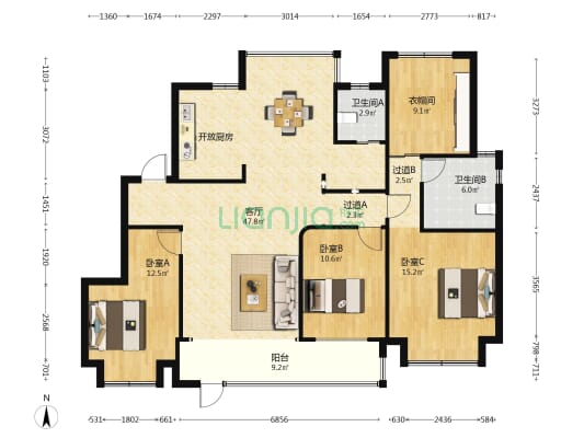 上东辰府 3室1厅2卫 142平方