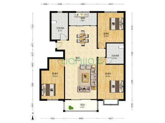 尚书苑 3室1厅2卫 160平方