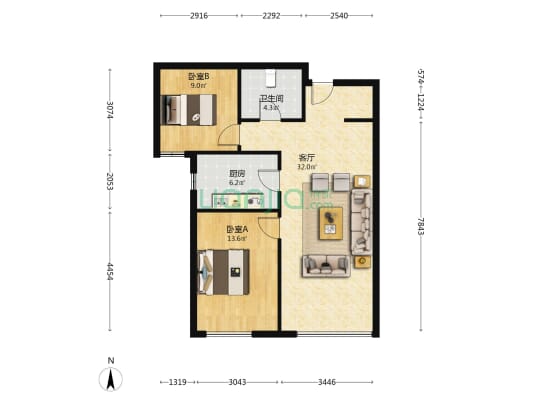 鸿坤南区 精装大两居 自住标准 采光好 家电家具全带-户型图