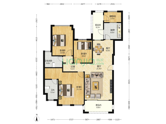 华发蔚蓝堡S2区 3室2厅2卫 128平方