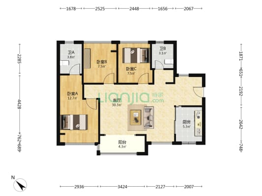 保利招商龙誉 3室1厅2卫 91平方