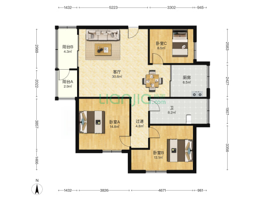 新湖一路 3室1厅1卫 116平方
