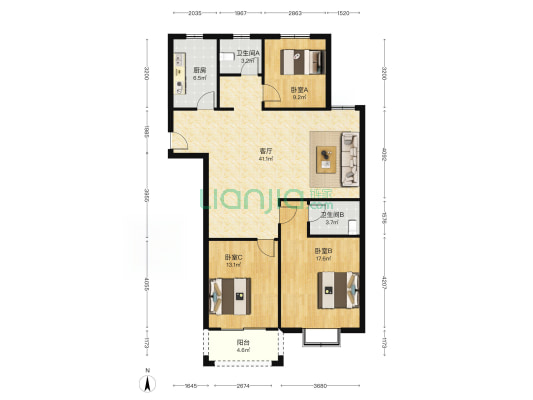 金锣湾瑞福园 3室1厅2卫 142平方