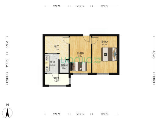 煤田总局173队家属楼 2室1厅 南 北-户型图