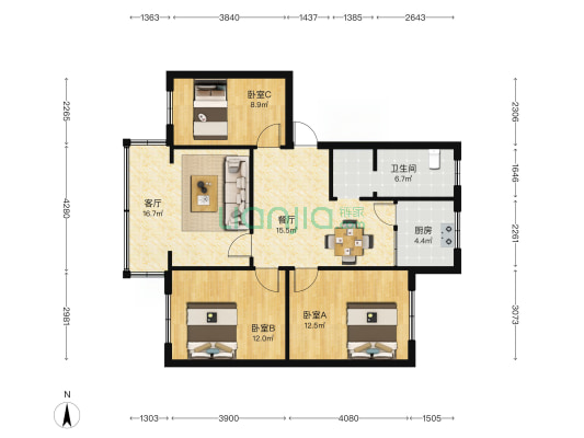 云南建投第四建设有限公司宿舍 3室2厅1卫 83平方
