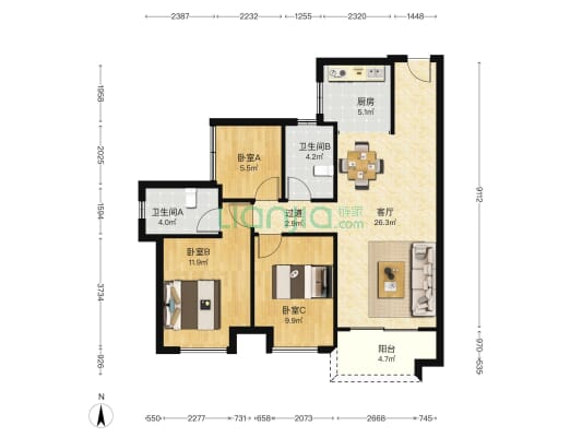 实地蔷薇花园 3室1厅2卫 92平方