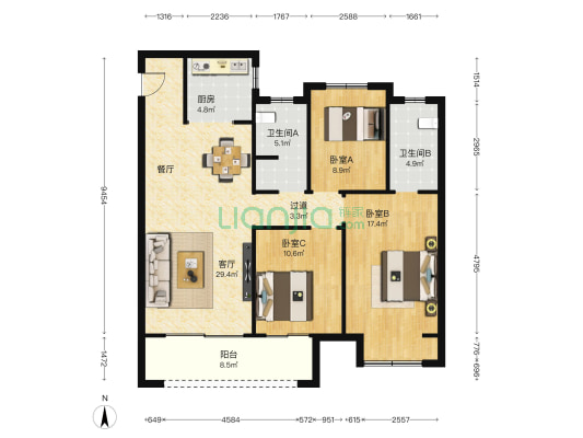 建业联盟新城6期 3室1厅2卫 125平方