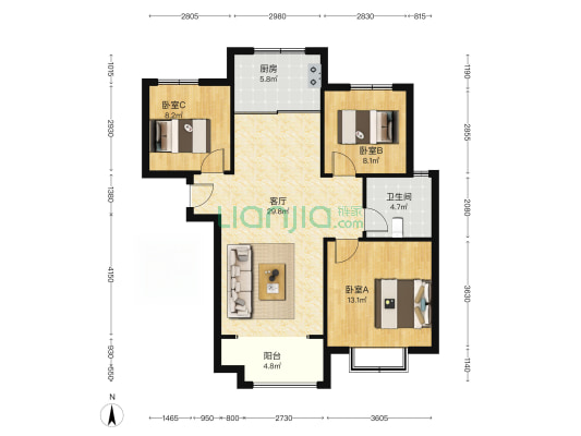 天伦湾3居室   精装修  带地下室 63万-户型图