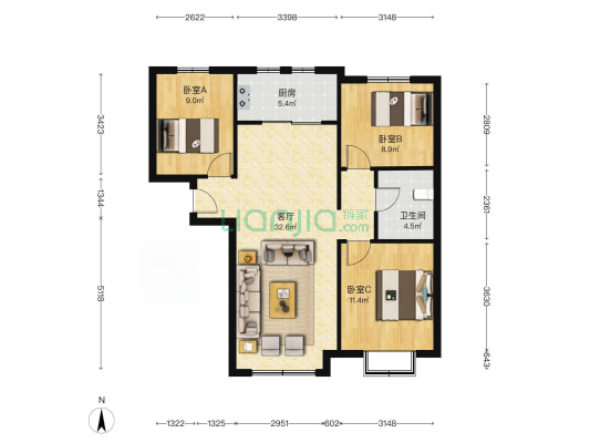 鸿坤理想湾北区 3室2厅 南 北-户型图