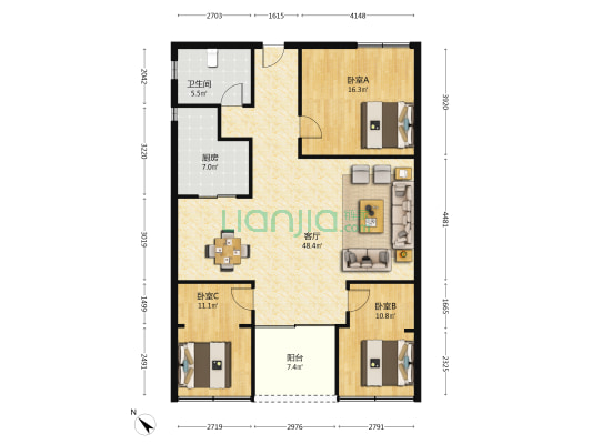 富城阁 3室1厅1卫 117平方