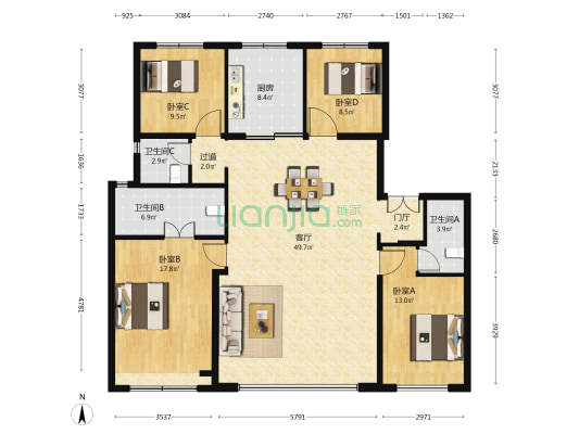中建宸园 4室1厅3卫 166平方
