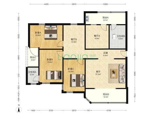南新路一号小区 3室3厅2卫 155平方