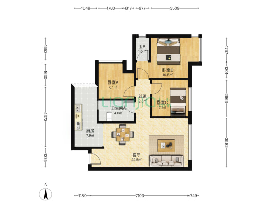 翡翠城Ⅱ期 3室1厅2卫 75平方