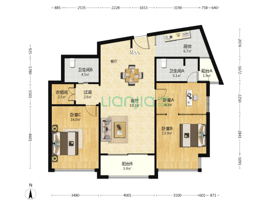 树客国际公寓 3室1厅2卫 128平方