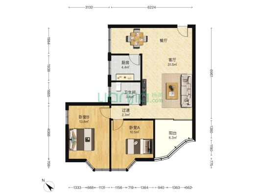 天河楼 2室1厅1卫 82平方
