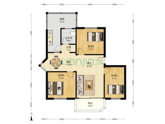 建筑设计院住宅楼 3室2厅1卫 93平方