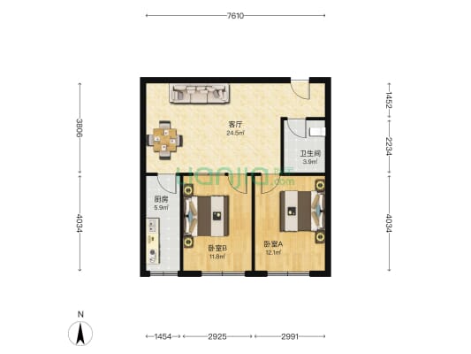 东方新天地 2室1厅1卫 80平方