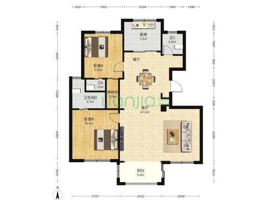 浦泽家园 2室1厅3卫 124平方