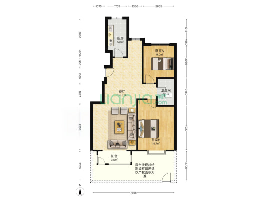 嵘御航城精装两居改三居拎包入住-户型图