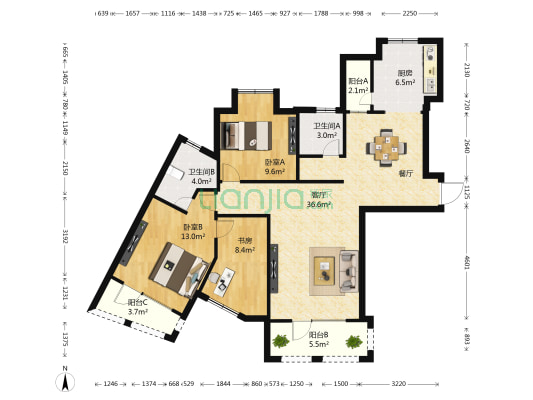 世茂天城一期 3室1厅2卫 123平方