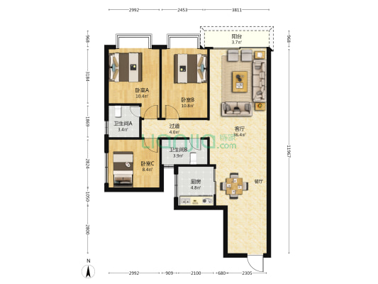 前进四路 3室1厅2卫 76平方