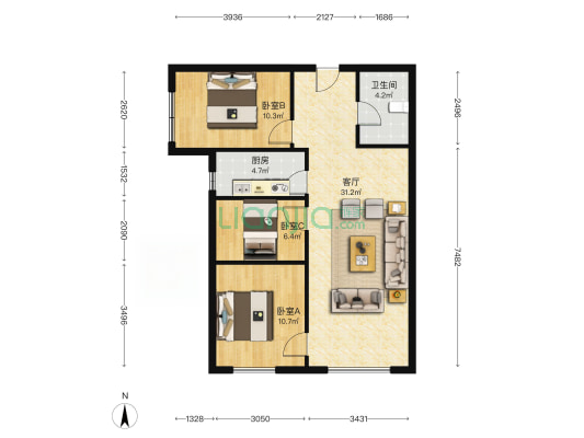 业主诚心出售 精装自住标准 拎包入住 鸿坤南向三居-户型图