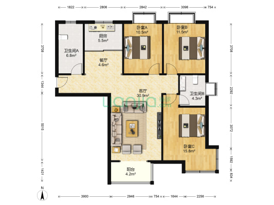 芝澜明仕 3室2厅2卫 128平方