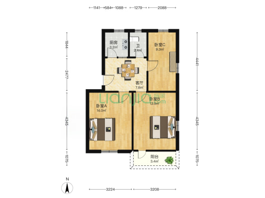 南杨路348号 3室1厅1卫 66平方