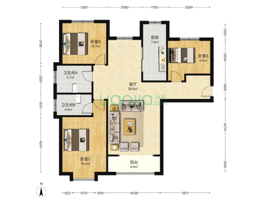 高铁区3居室2卫  10层  70万-户型图