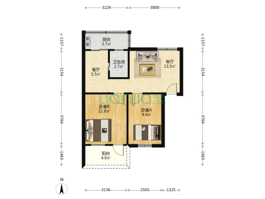 民族学院宿舍 2室2厅1卫 60平方