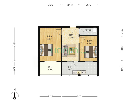 西安市第一市政工程公司第三公司家属院 2室1厅1卫 69平方