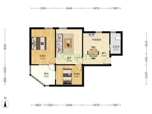 五十五所宿舍区 2室2厅1卫 88平方