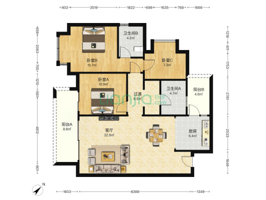 爱情玺樾万璟 3室1厅2卫 114平方