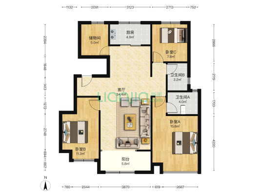 涿州东站旁，央企中国铁建，带装修双卫三居，拎包入住-户型图