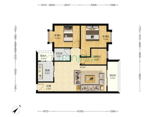 陶欣华阁 2室1厅1卫 83平方