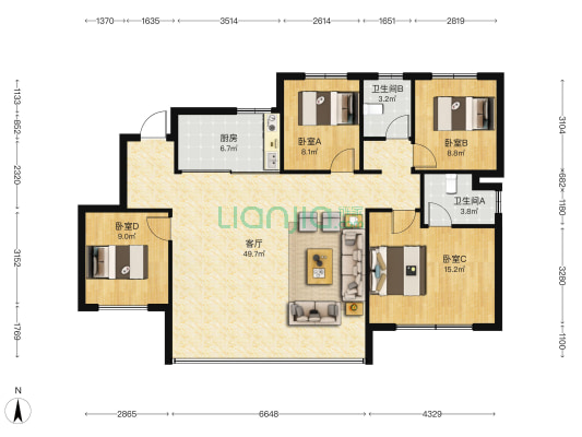 建发房产华润置地玺宸和著 4室1厅2卫 126平方