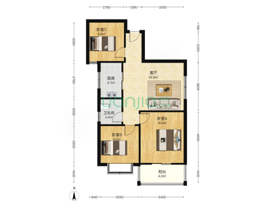 双塔区 天保丽景精装朝南三居 自住标准满五-户型图