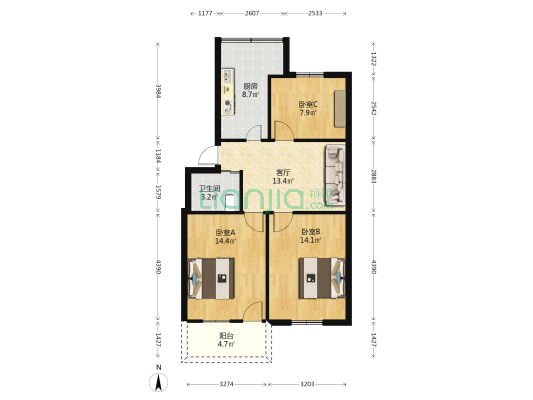 医药公司宿舍 3室1厅1卫 78平方