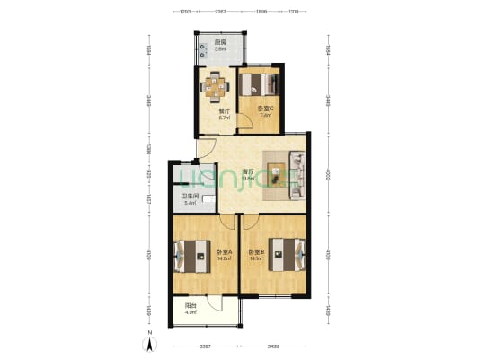 八中宿舍 3室2厅1卫 95平方