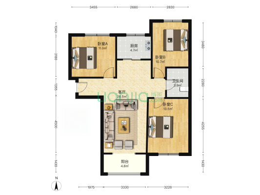 K2狮子城北区 3室1厅 南 北-户型图